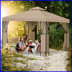 10'X10' Gazebo Canopy 2 Tier Tent Shelter Awning Steel withNet Brown Outdoor