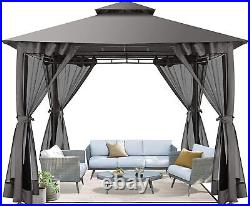 10'x10' Outdoor Hardtop Gazebo Aluminum Frame withNettings Curtains Double Roof&