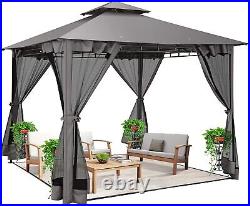 10'x10' Outdoor Hardtop Gazebo Aluminum Frame withNettings Curtains Double Roof&