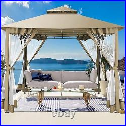 10'x10' Outdoor Hardtop Gazebo Aluminum Frame withNettings Curtains Double Roof US