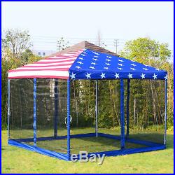 10'x10' Patio Pop up Party Tent Canopy With Mosquito Net US Flag Gazebo Sidewall