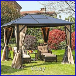 10'x12' Gazebo Hardtop Roof Aluminum Alloy Frame with Mesh & Curtain for Patio