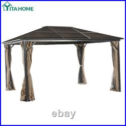 10'x13' Gazebo Hardtop Roof Aluminum Alloy Frame with Mesh & Curtain for Patio