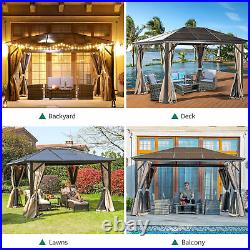 10'x13' Gazebo Hardtop Roof Aluminum Alloy Frame with Mesh & Curtain for Patio