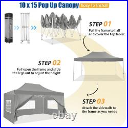 10x15 Pop up Canopy Heavy Duty Commercial Gazebo with 4 Sidewalls & Roller Bag