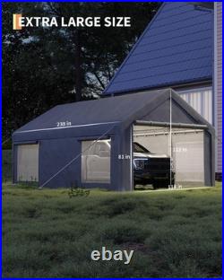 10x20 Ft Carport, Car Port with 200g PE Tarp, Roll-Up Doors, and 4 Windows, f