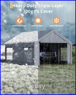 10x20 Ft Carport, Car Port with 200g PE Tarp, Roll-Up Doors, and 4 Windows, f
