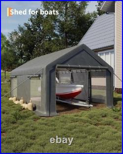 10x20 Ft Carport, Car Port with 200g PE Tarp, Roll-Up Doors, and 4 Windows, f