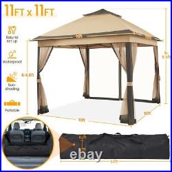 11x11ft Outdoor Gazebo Sun Shade Gazebo Canopy Tent Mesh Netting and Double Tier