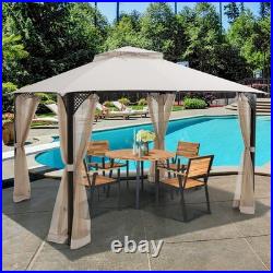 12' X 10' Outdoor Patio Gazebo Canopy Shelter Double Top Sidewalls Netting Beige