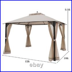 12' X 10' Outdoor Patio Gazebo Canopy Shelter Double Top Sidewalls Netting Beige