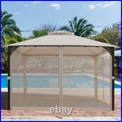 12' X 10' Outdoor Patio Gazebo Canopy Shelter Double Top Sidewalls Netting Beige