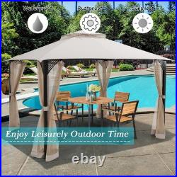 12' X 10' Outdoor Patio Gazebo Canopy Shelter Double Top Sidewalls Netting Beige