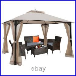 12' X 10' Outdoor Patio Gazebo Canopy Shelter Double Top Sidewalls Netting Beige