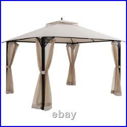 12' X 10' Outdoor Patio Gazebo Canopy Shelter Double Top Sidewalls Netting Beige