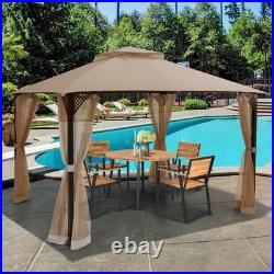 12' X 10' Outdoor Patio Gazebo Canopy Shelter Double Top Sidewalls Netting Brown