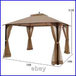 12' X 10' Outdoor Patio Gazebo Canopy Shelter Double Top Sidewalls Netting Brown