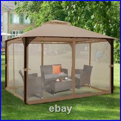 12' X 10' Outdoor Patio Gazebo Canopy Shelter Double Top Sidewalls Netting Brown
