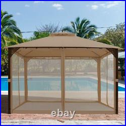 12' X 10' Outdoor Patio Gazebo Canopy Shelter Double Top Sidewalls Netting Brown