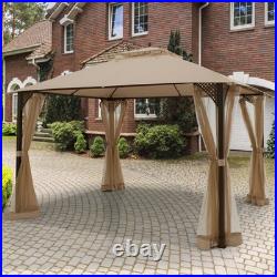 12' X 10' Outdoor Patio Gazebo Canopy Shelter Double Top Sidewalls Netting Brown