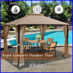 12' X 10' Outdoor Patio Gazebo Canopy Shelter Double Top Sidewalls Netting Brown