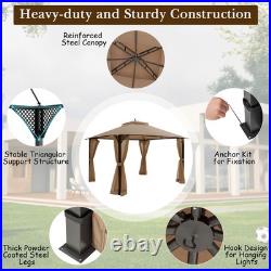 12' X 10' Outdoor Patio Gazebo Canopy Shelter Double Top Sidewalls Netting Brown