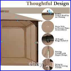 12' X 10' Outdoor Patio Gazebo Canopy Shelter Double Top Sidewalls Netting Brown