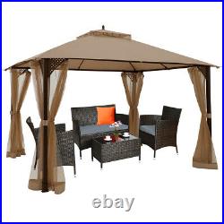 12' X 10' Outdoor Patio Gazebo Canopy Shelter Double Top Sidewalls Netting Brown