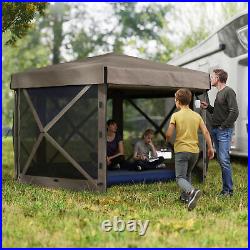 12' x 12' Hexagonal Pop Up Gazebo, Outdoor Canopy Tent, Brown