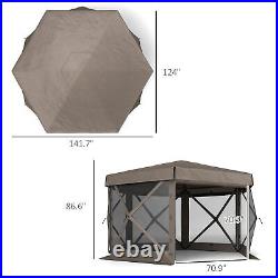 12' x 12' Hexagonal Pop Up Gazebo, Outdoor Canopy Tent, Brown