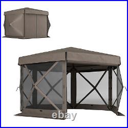 12' x 12' Hexagonal Pop Up Gazebo, Outdoor Canopy Tent, Brown