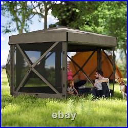 12' x 12' Hexagonal Pop Up Gazebo, Outdoor Canopy Tent, Brown