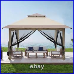 12' x 12' Outdoor 2-Tier Pop Up Gazebo Portable Party Tent with Netting Beige