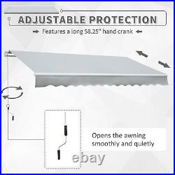 12' x 8' Patio Awning Manual Retractable Sunshade with Crank Handle, Light Grey