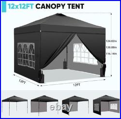 12x12 Pop Up Canopy Tent with 4 Sidewalls, Silver Coated, One Push Lift, Black