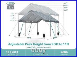 12x20 FT Carport Canopy Portable Car Garage with Metal Roof Adjustable Height