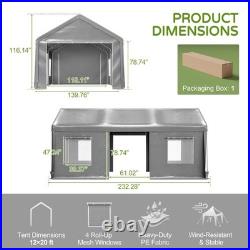 12x20Heavy Duty Carport Outdoor Garage Tent With Removable Sidewalls&Mesh Windows