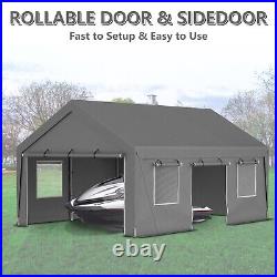 13'x20' Heavy Duty Steel Carport Car Tarp Canopy Tent with Sidewall&Doors, Gray