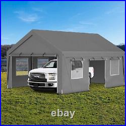 13'x20' Heavy Duty Steel Carport Car Tarp Canopy Tent with Sidewall&Doors, Gray