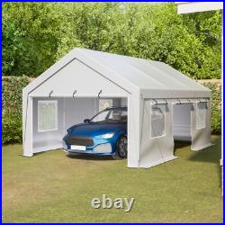 13'x20' Heavy Duty Steel Carport Car Tarp Canopy Tent with Sidewall & Doors, White