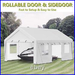 13'x20' Heavy Duty Steel Carport Car Tarp Canopy Tent with Sidewall & Doors, White
