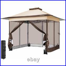 13x13ft Pop Up Gazebo with Mosquito Netting Instant Canopy Tent 2 Tier Roof Beige