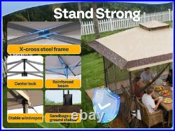 13x13ft Pop Up Gazebo with Mosquito Netting Instant Canopy Tent 2 Tier Roof Beige