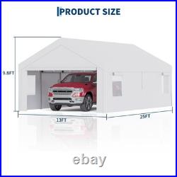 13x25x10 FT Carport Canopy Car Port With 4 Mesh Windows & Roll-Up Door Heavy Duty