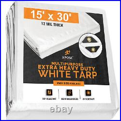 15' x 30' Heavy Duty White Tarp Protective Cover, 12 Mil thick, Poly Tarpaulin
