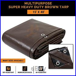 15' x 40' Super Heavy Duty 16 Mil Brown Poly Tarp Cover Thick Waterproof