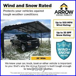 Arrow Sheds Metal Carport Canopy Wind/Snow Rated 20x20x7 Charcoal-Black frame