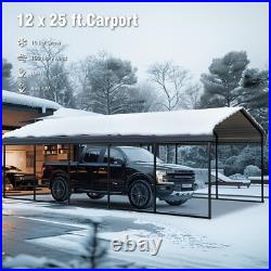 Carport 12x25 ft Heavy Duty Metal Carport Kits Outdoor Shelter Garage withSidewall