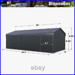 Carport 12x25 ft Heavy Duty Metal Carport Kits Outdoor Shelter Garage withSidewall