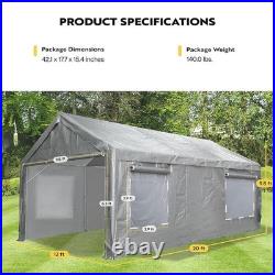 Carport Car Canopy Garage Shelter Shed Tent 12x20' Zippered Doors & Sidewalls